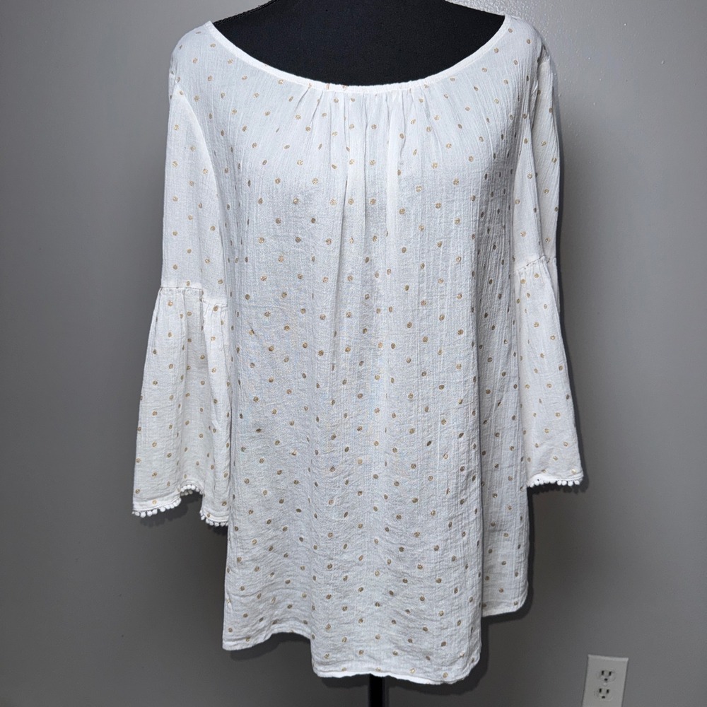 Boden White Gold Metallic Polka Dot Bell Sleeve Pom Pom Trim Blouse Top US 14